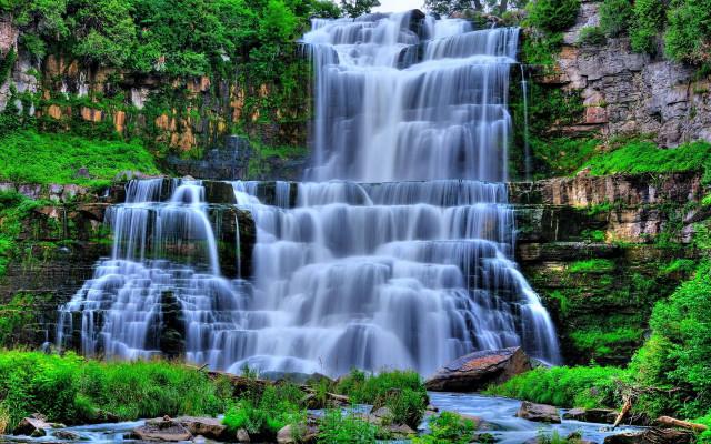 Waterfall cascading lush green forest #2 free wallpaper - medium preview image