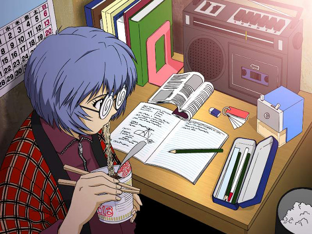 Academic manga illustration bluehair coffee free wallpaper - medium preview image