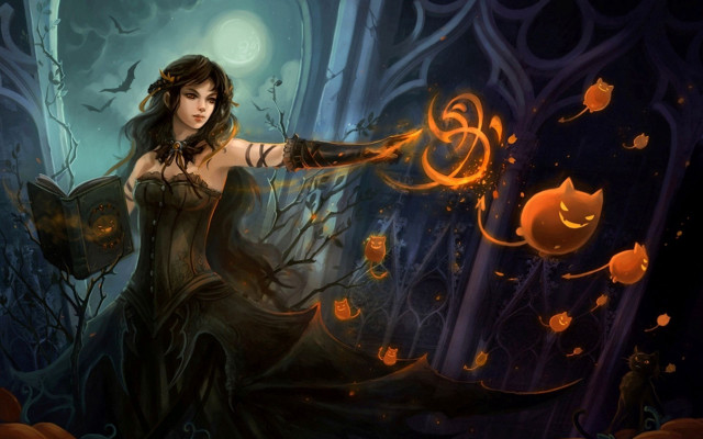 Gothic halloween woman pumpkin bat free wallpaper - medium preview image