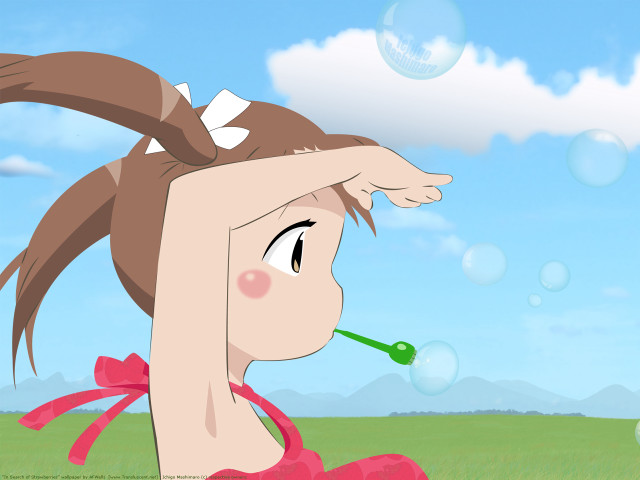 Cartoon girl bubbles field clouds free wallpaper - medium preview image