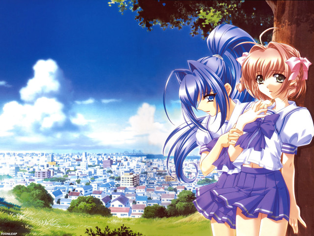 Anime girls cityscape blue hair free wallpaper - medium preview image