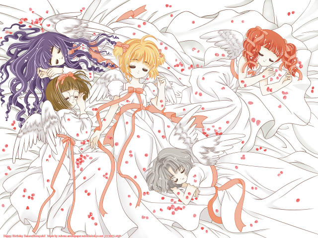 Anime girls bed wings hearts free wallpaper - medium preview image