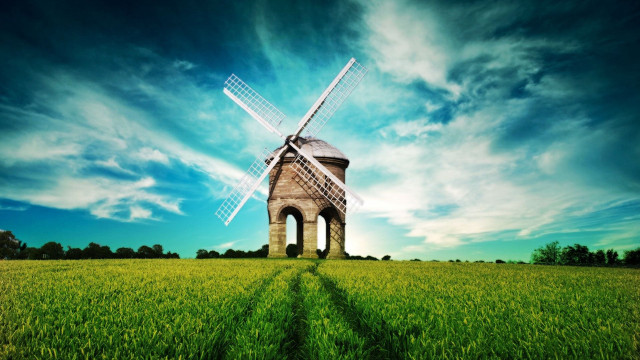 Windmill field blue sky path free wallpaper - medium preview image
