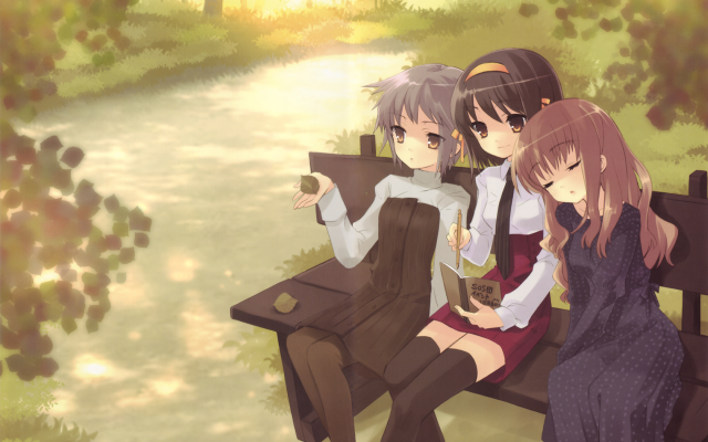 Park bench three girls reading free wallpaper - medium preview image
