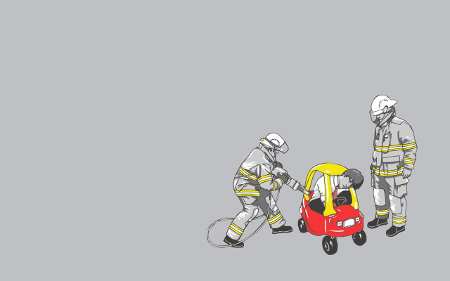 Fireman pushing small car gray free wallpaper - medium preview image