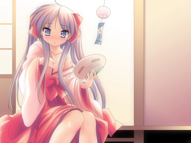 Woman red dress sitting fan free wallpaper - medium preview image