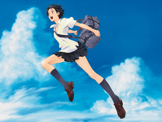 Girl flying school uniform backpack free wallpaper - medium preview image