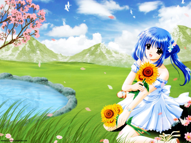 Girl flower field blue hair free wallpaper - medium preview image