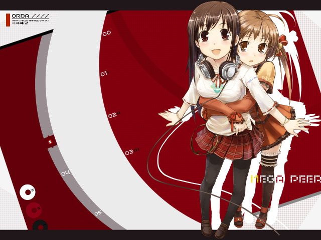 Anime girls red background headphones free wallpaper - medium preview image