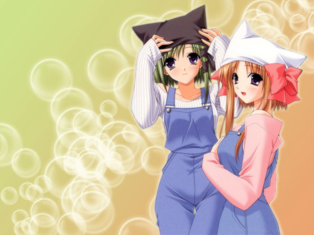 Anime girls hats overalls pillows free wallpaper - medium preview image