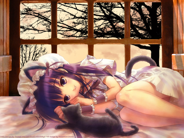 Gothic anime girl bed cat #2 free wallpaper - medium preview image