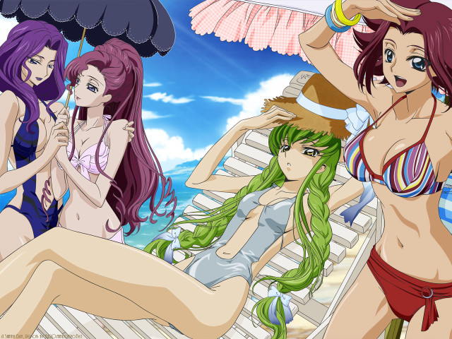 Beach umbrella 4girls bikinis longhair free wallpaper - medium preview image
