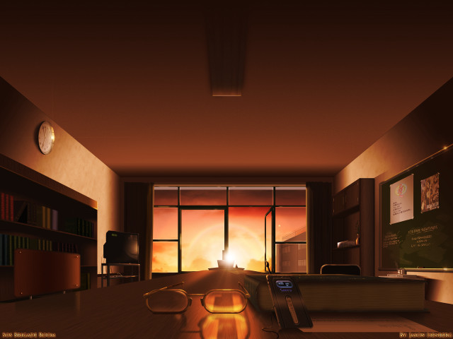 Sunset room desk bookshelf clock free wallpaper - medium preview image