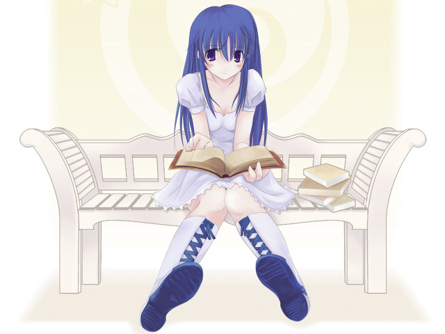 Girl bench reading bluehair purpleeyes free wallpaper - medium preview image