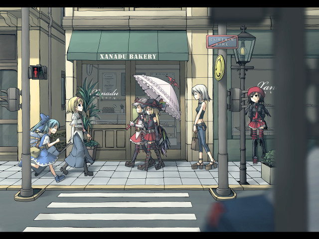 Anime girls street umbrella blonde free wallpaper - medium preview image