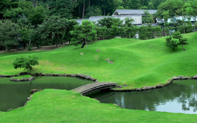 Green field bridge pond building free wallpaper - medium preview image