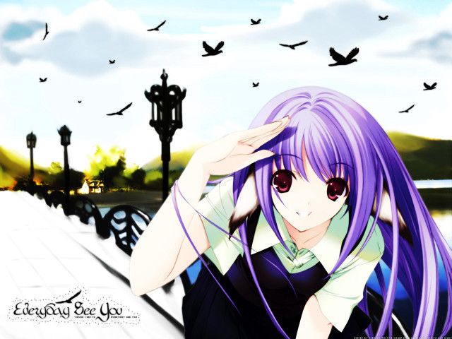 Purple haired girl birds flying free wallpaper - medium preview image