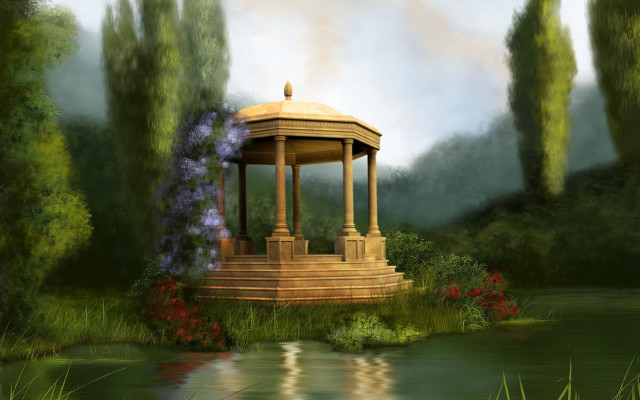 Gazebo park flowers pond painting free wallpaper - medium preview image