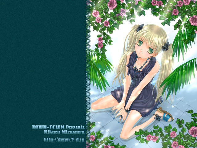 Girl plant flowers tile floor free wallpaper - medium preview image