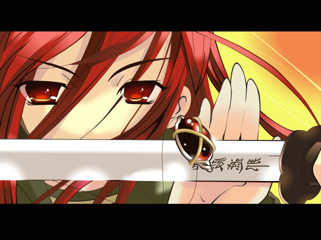 Red haired girl sword smile free wallpaper - medium preview image