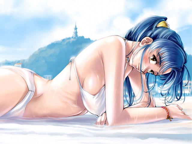 Beach castle bluehaired girl anime free wallpaper - medium preview image