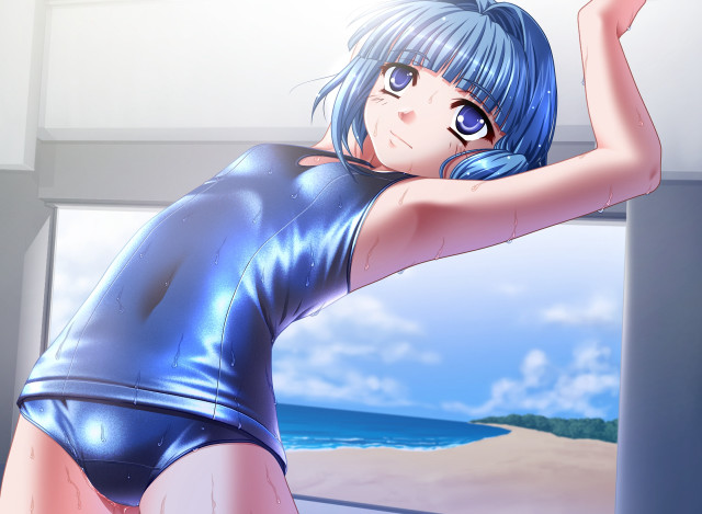 Woman blue dress ocean window free wallpaper - medium preview image
