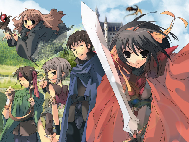 Anime sword girls castle outdoors free wallpaper - medium preview image