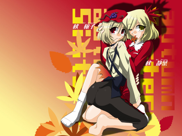 Autumn leaves anime sisters puzzle free wallpaper - medium preview image