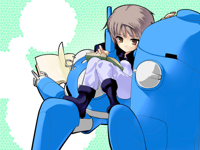Cartoon girl reading blue mecha free wallpaper - medium preview image