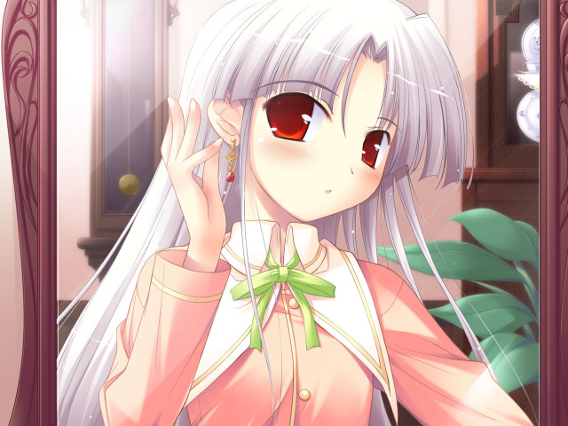 Whitehair redeyes pinkdress greenbowtie redeye free wallpaper - medium preview image