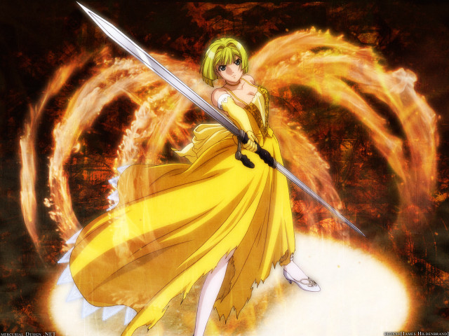 Yellow dress woman sword fire free wallpaper - medium preview image
