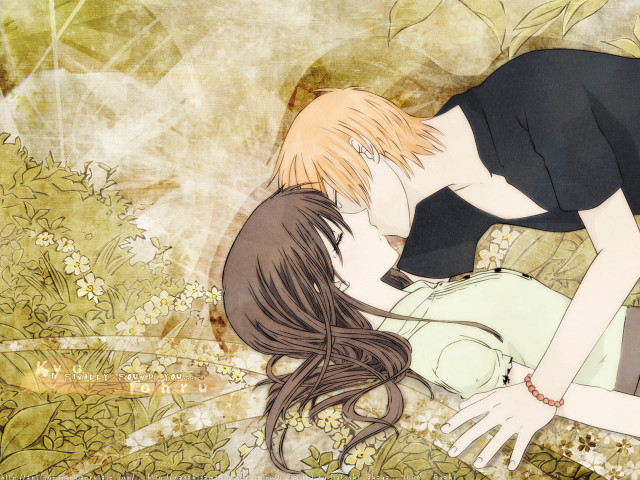 Couple kissing flowers leaves anime free wallpaper - medium preview image