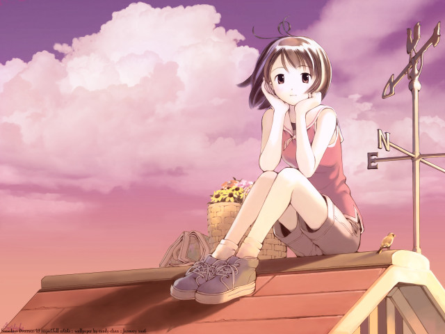 Girl roof sitting antenna hair free wallpaper - medium preview image