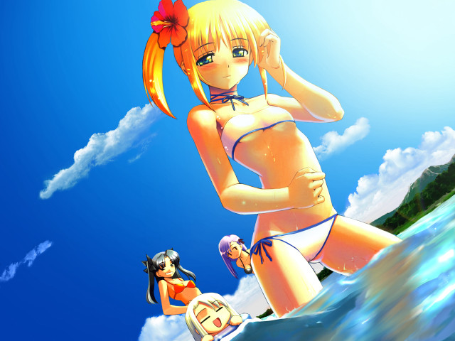 Cartoon girl bikini surfboard beach free wallpaper - medium preview image