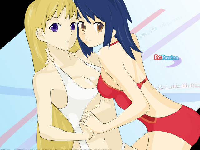 Anime girls swimsuits blue background free wallpaper - medium preview image