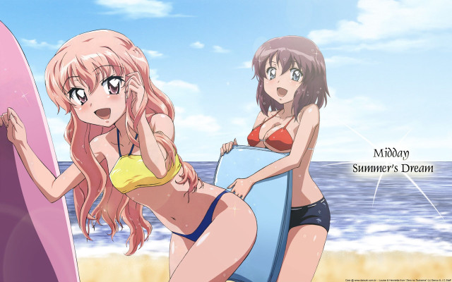 Beach bikinis surfboard anime women free wallpaper - medium preview image