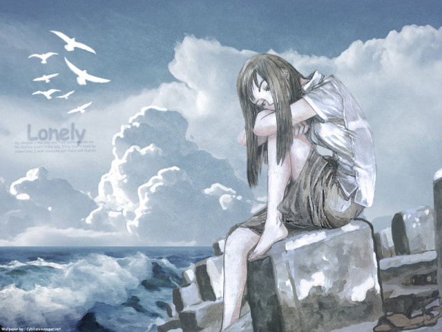 Woman sitting ocean beach bird free wallpaper - medium preview image
