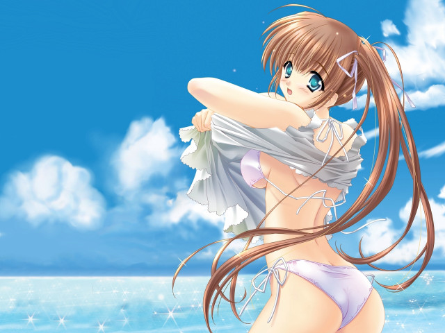 Beach woman bikini blowing hair free wallpaper - medium preview image