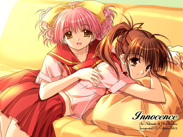 Anime sisters hugging couch brown free wallpaper - medium preview image