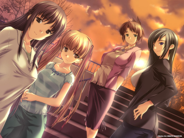 Anime girls stairway sunset autumn free wallpaper - medium preview image