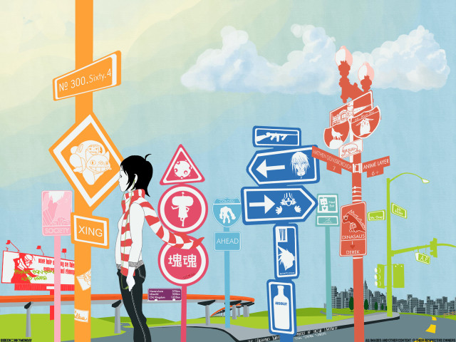 Woman streetcorner signs citybackground toyism free wallpaper - medium preview image