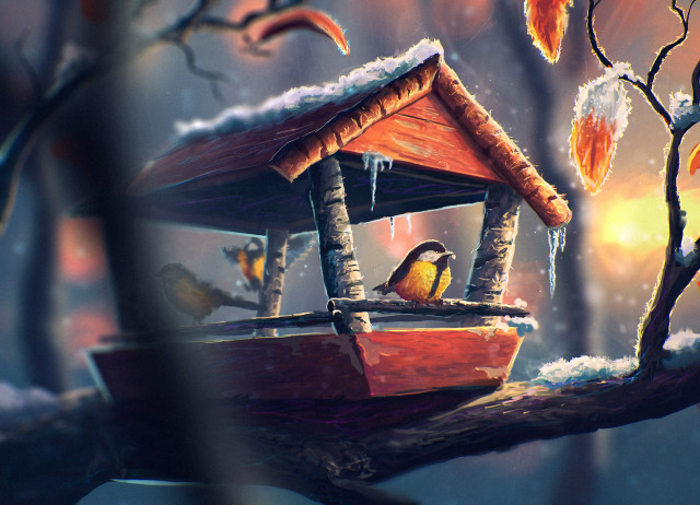 Bird boat snowy forest birdhouse free wallpaper - medium preview image