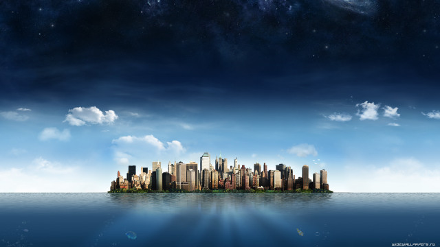 City skyline ocean clouds moon free wallpaper - medium preview image