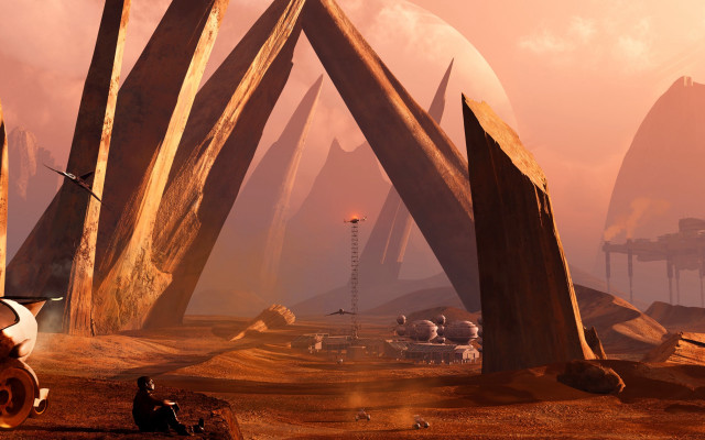 Futuristic landscape man bench trees free wallpaper - medium preview image