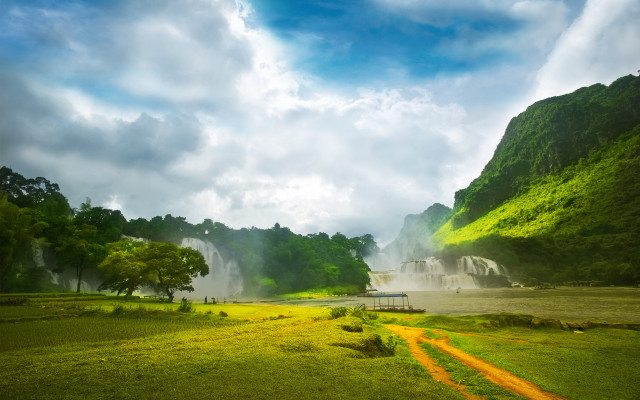 Large waterfall lush field trees free wallpaper - medium preview image