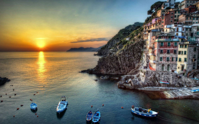 Boats city sunset magic realism free wallpaper - medium preview image