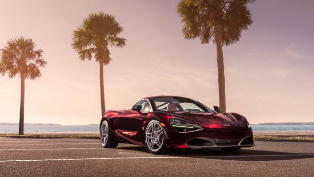 Red sports car palm ocean free wallpaper - medium preview image