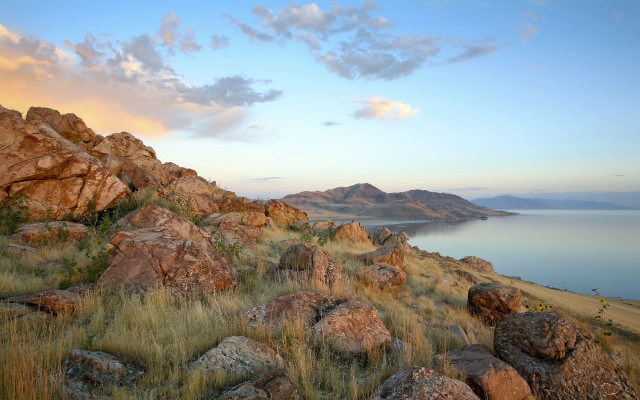 Rocky hillside grass rocks water #2 free wallpaper - medium preview image