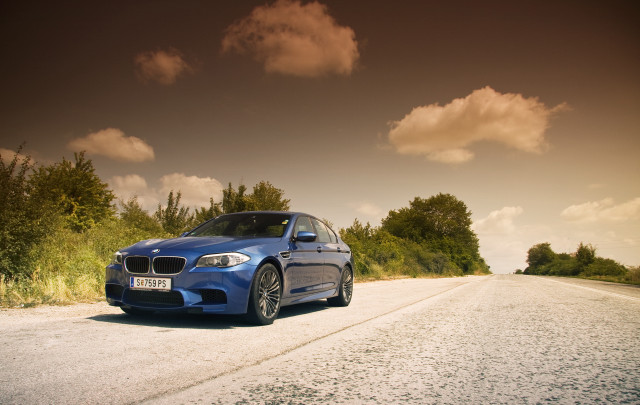 Blue car road trees bushes free wallpaper - medium preview image