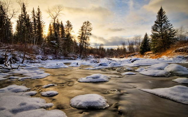 River snow trees cloudy sky free wallpaper - medium preview image